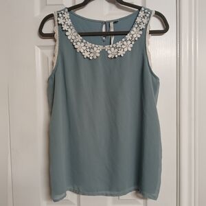 LC Lauren Conrad Teal Sleeveless Blouse with Cream Floral Detail